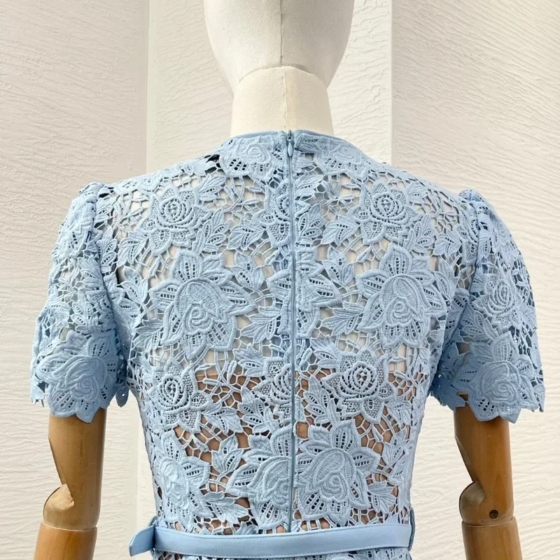 Женское кружевное мини-платье элегантное голубое платье с коротким рукавом