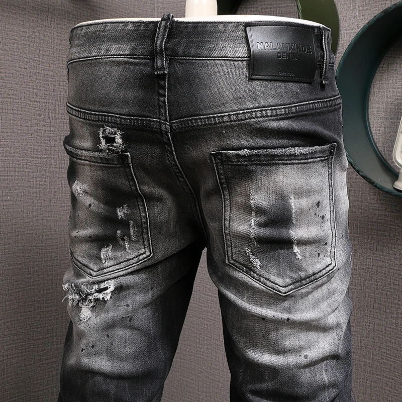 Streetwear Fashion Men Jeans Retro Black Gray Stretch Slim Ripped Jeans Men Hole Trousers Patched Designer Hip Hop Pants Hombre