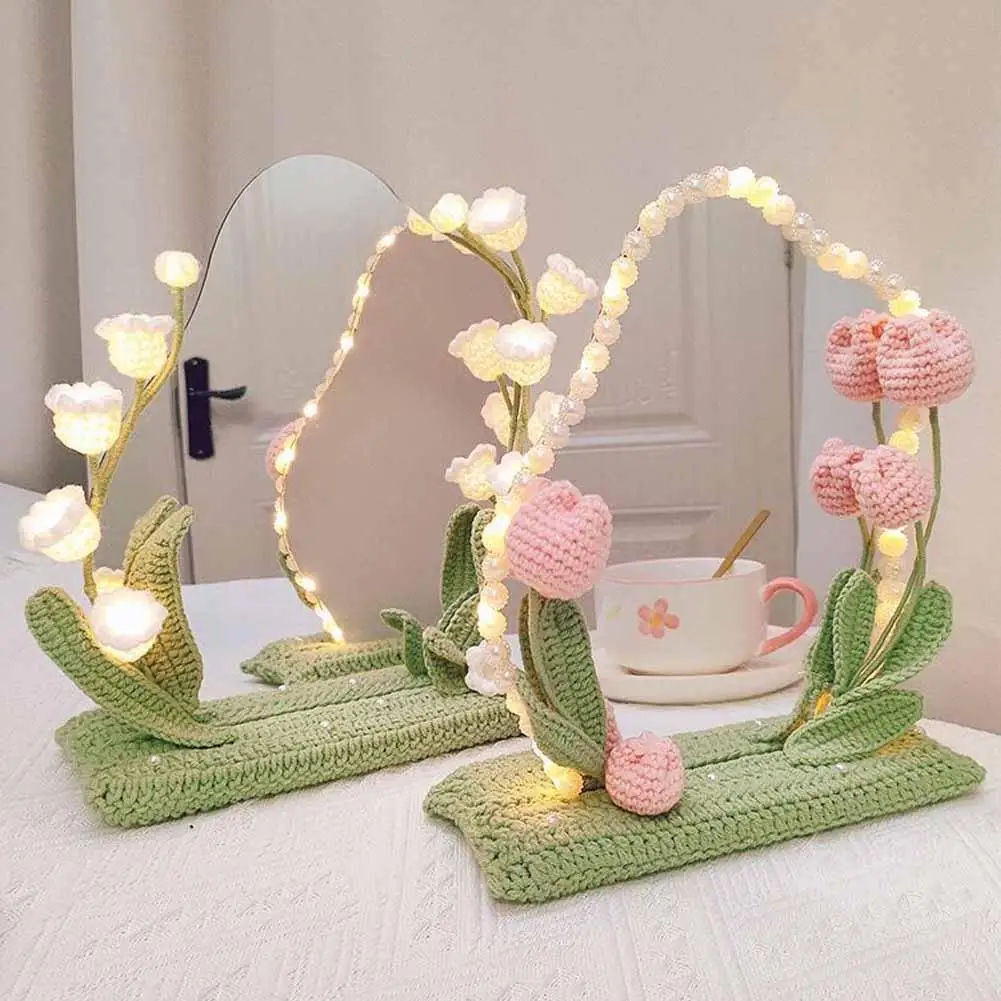 

DIY Hand Knit Tulips Bouquet Home Wedding Decoration Woven Desktop Makeup Mirror Bouquet Ornament Small Handmade Y0B1