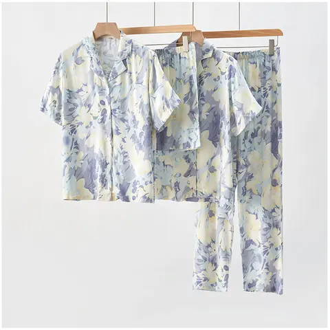 Женские пижамные костюмы из двух предметов на весну и лето, пижамы с длинными рукавами и цветочным принтом, удобные атласные топы из материала с брюками, пижамы