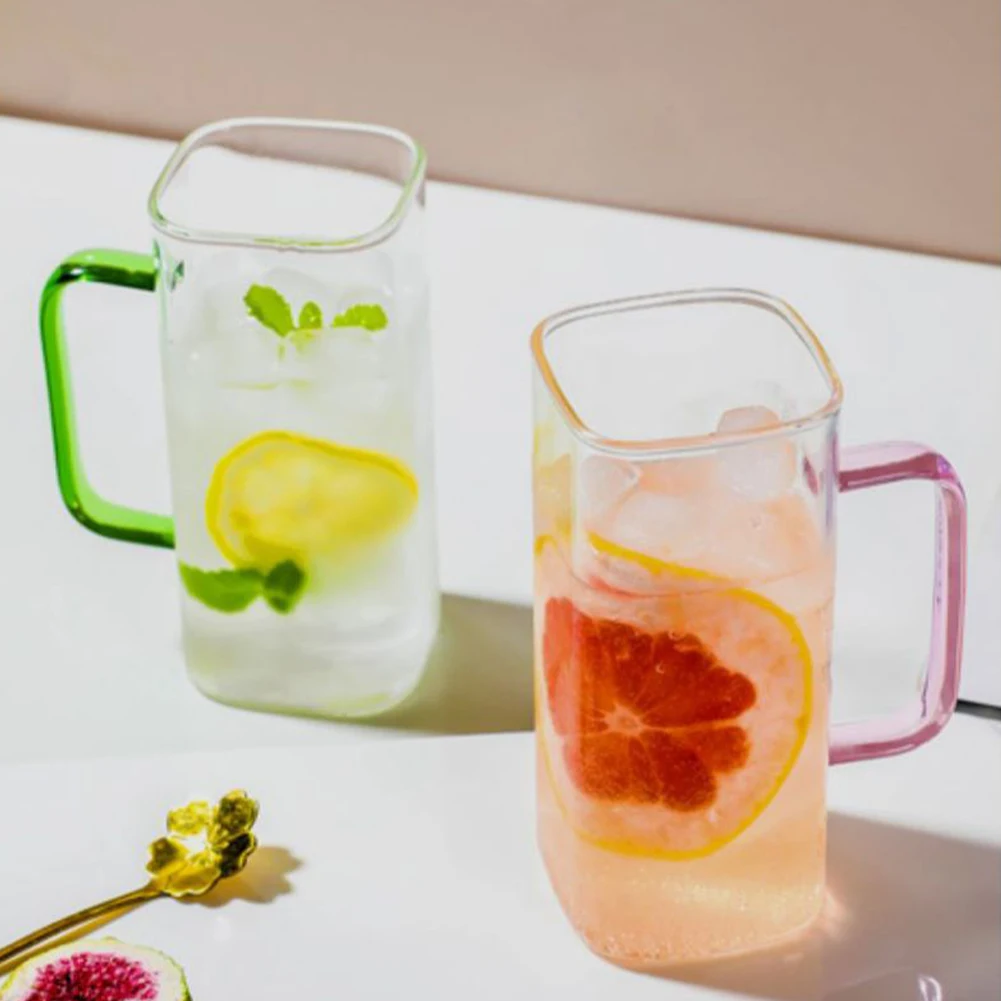 

300ML Square Mug With Lids and Straws Transparent Handle Drinking Glass Cups For Soda Iced Coffee Milk Bubble Tea Water