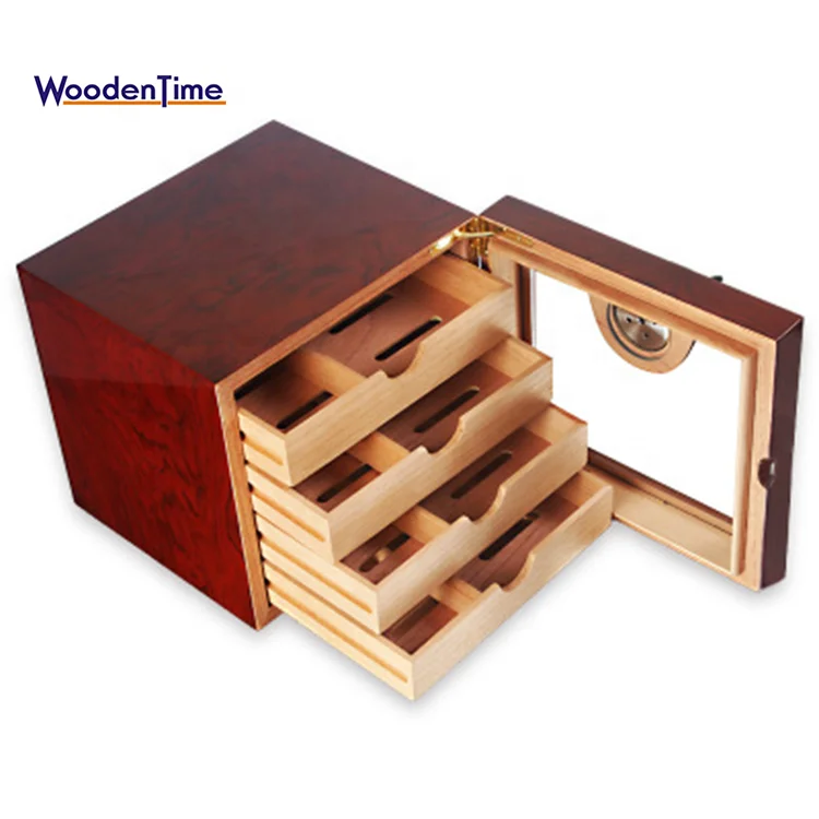 

Guangzhou Factory Wholesale Custom High Gloss 4 Drawers Luxury Spanish Cigar Humidor Cedar Wooden Box