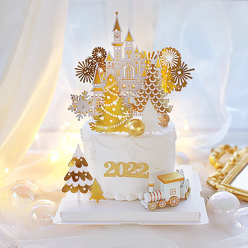 

Snow Castle Happy Birthday Cake Topper Acrylic 2022 Cake Topper Colorful Tree Birthday Decoration Party Favors
