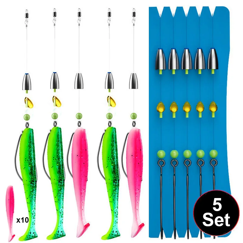 5 Set Texas Rigged Combination Jig Head Dropshot Sinking Fish Line Binded Worm Hooks Luminous Spoon VIB Bait Tackle 10 Soft Lure