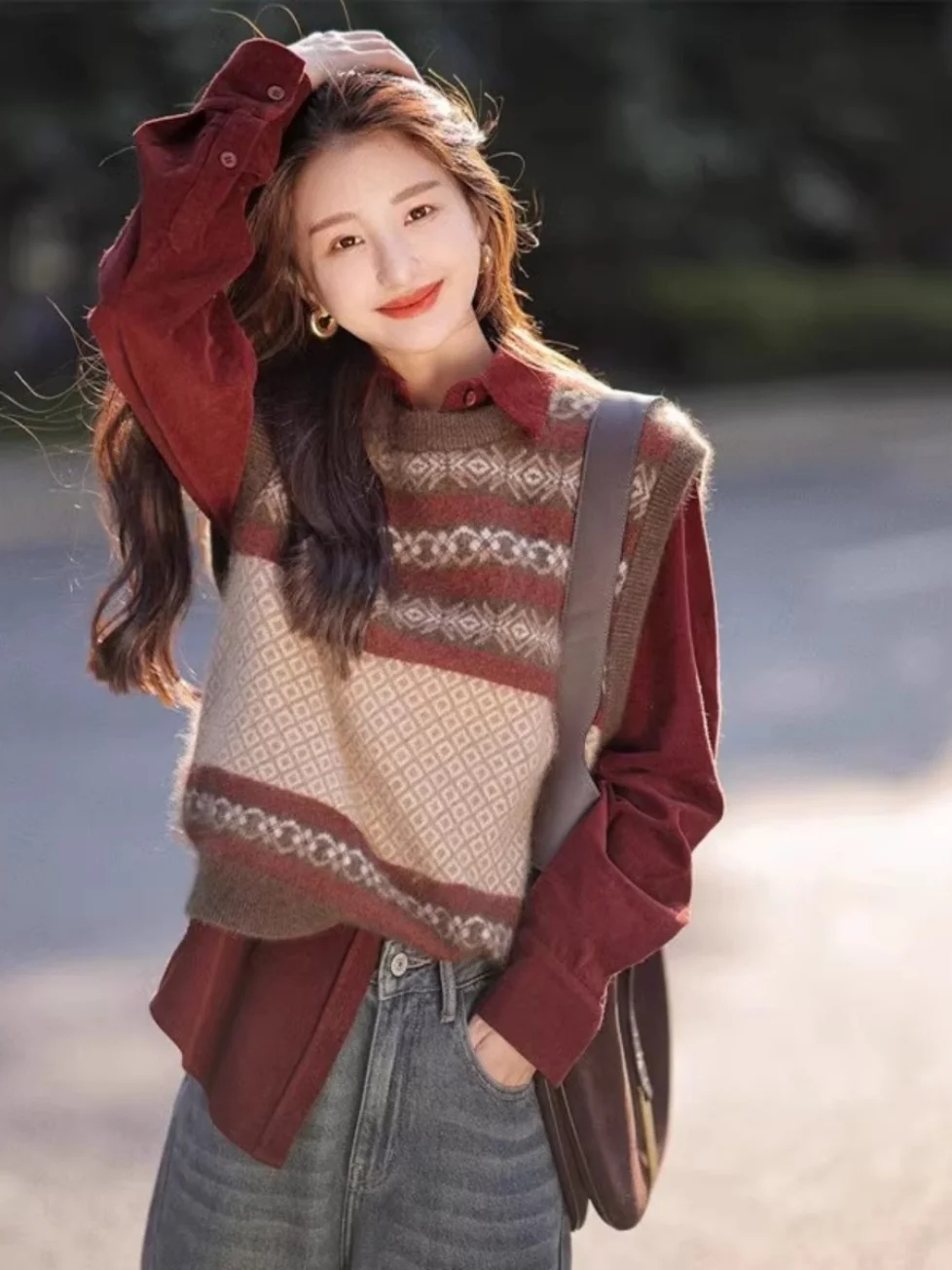 Girdear с белым воротником новая женская одежда осень 2024 жаккардовые рубашки