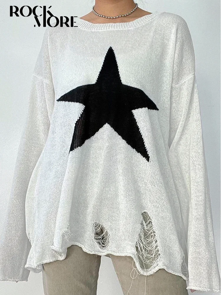 

Rockmore Star Print Loose Sweaters Autumn Winter 2022 Women Ripped Knitwear Casual Baggy Oversize Pullover Top Y2K Grunge Korean