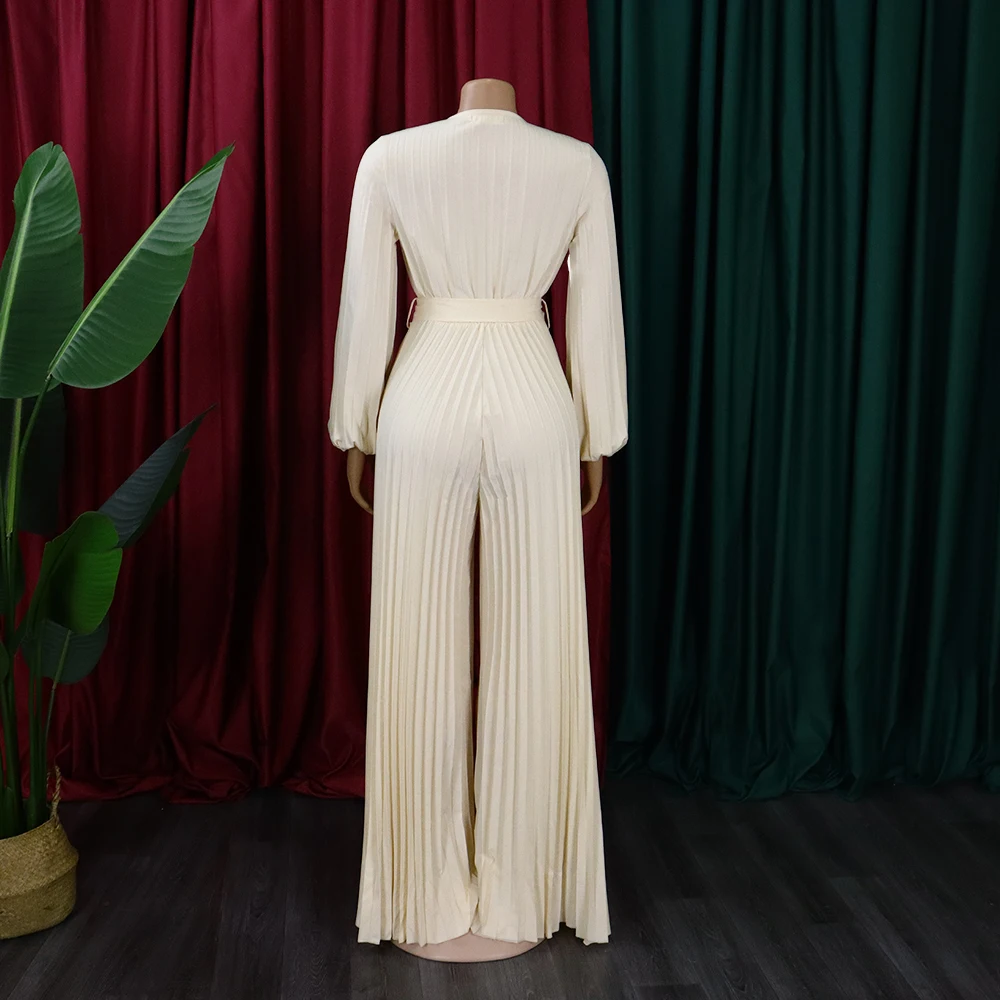 Elegant Pleated Jumpsuits & Rompers for Women Full Sleeve V Neck High Waisted Autumn Fall Fashion Evening Party Birthday Overall