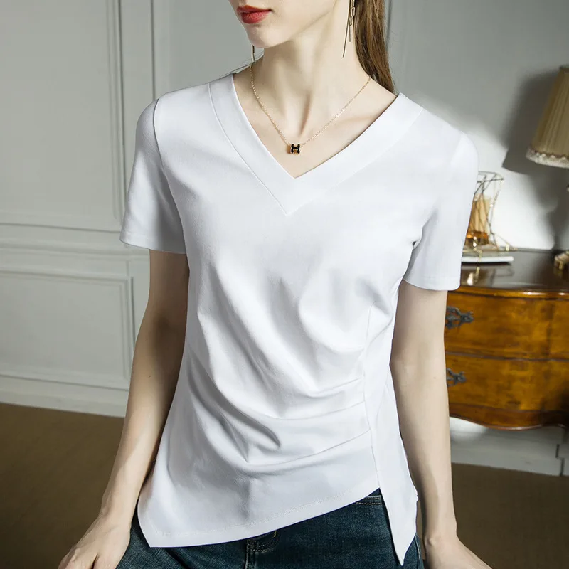 

Solid color summer new V-neck short-sleeved top 2023 gray