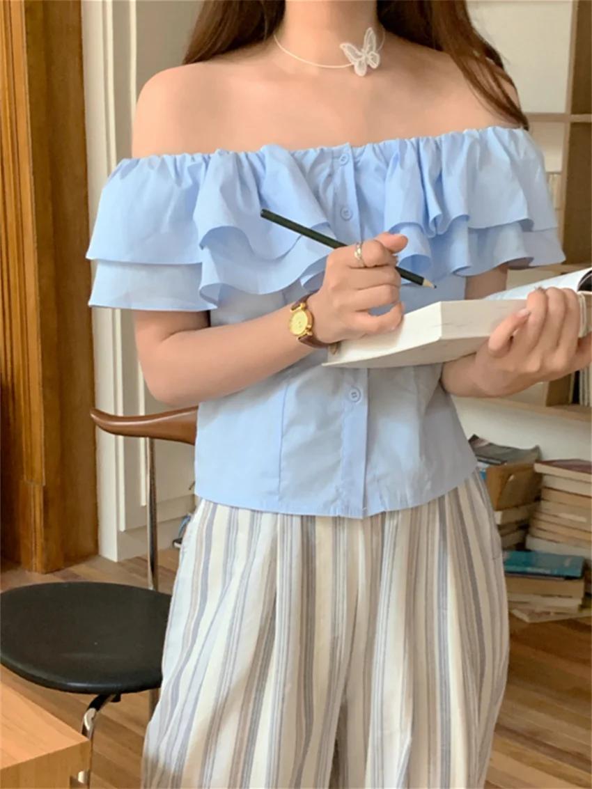 Рубашка Alien Kitty Женская с оборками приталенная блузка воротником-лодочкой