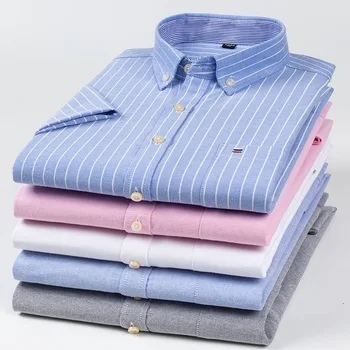 7XL Pure Cotton Oxford Casual Solid Color Mens Button Up Shirt Short Sleeve Slim Fit Shirt Men Korean Clothes Flowers Shirt