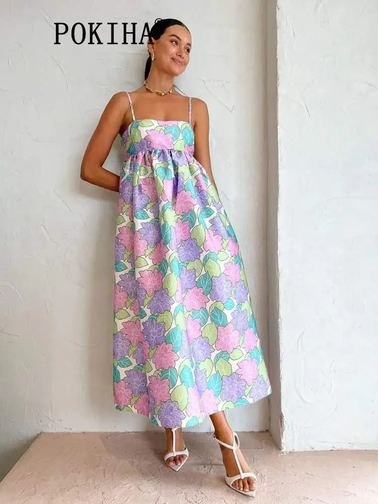 

KAAAZI Women Elegant 2023 Floral Print Straps Slip Maxi Dress Loose Casual Long Dresses Backless Sexy Female Chic Vestidos Mujer