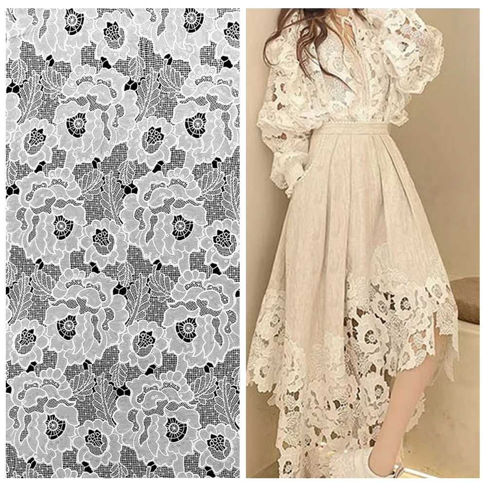 

Allover Flowers Hollow Out Embroidery Chiffon Lace Fabric with Sequins Dress Material Off White 1 Yard
