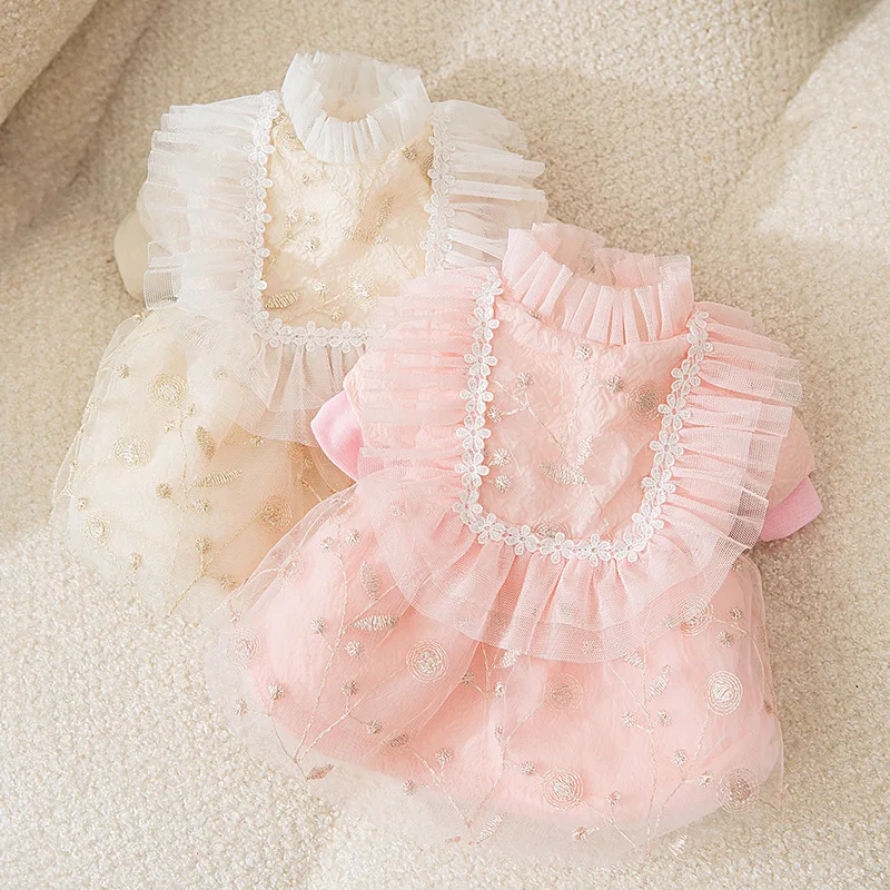 

Кружевное Сетчатое платье, одежда для собак, одежда для щенков с цветочной вышивкой, одежда для маленьких собак, кошек, принцесс, зимняя плот...