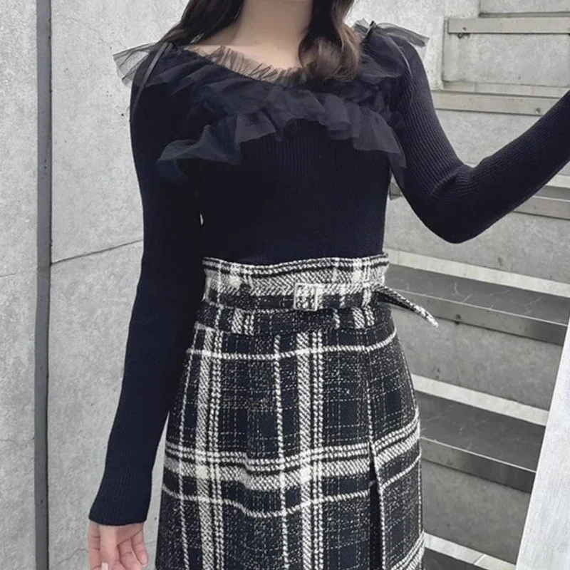 Ретро флокированные сетчатые лоскутные пуловеры с длинными рукавами в горошек