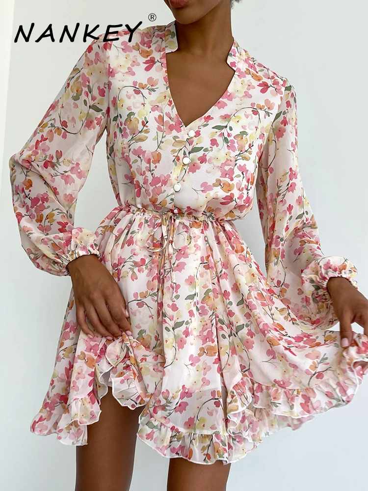 

NANKEY Spring Chiffon Long Sleeve Floral Print Dress Summer Women Casual Button V Neck A Line Dresses For Women Robe Femme