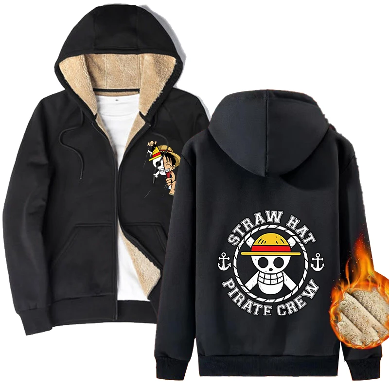 One Piece Sweatshirts Anime Luffy Zoro with Berber Fleece Sweater Fashion Women Men Hooded Sportswear Coats Cardigan Warm Jacket