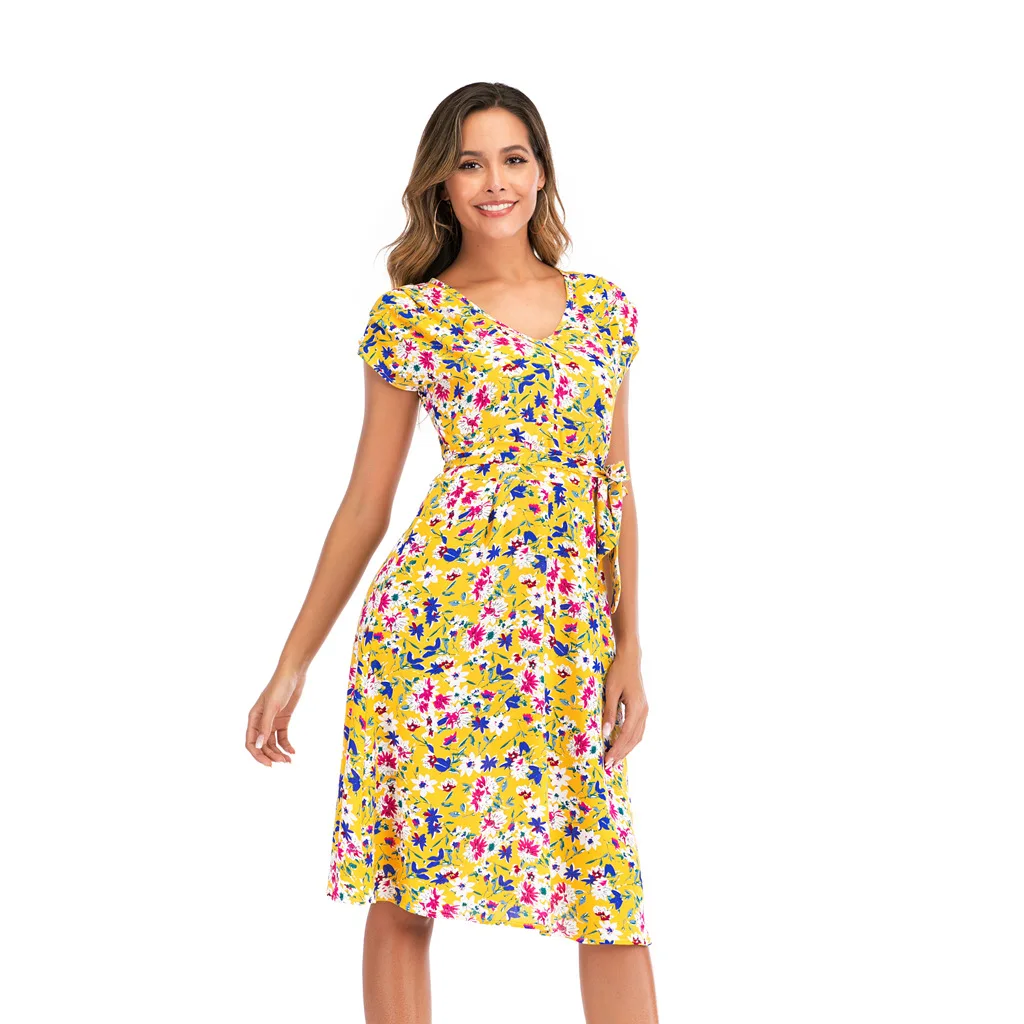 

Summer New Pregnant Women's Small Floral V-Neck Short Sleeve Dress White