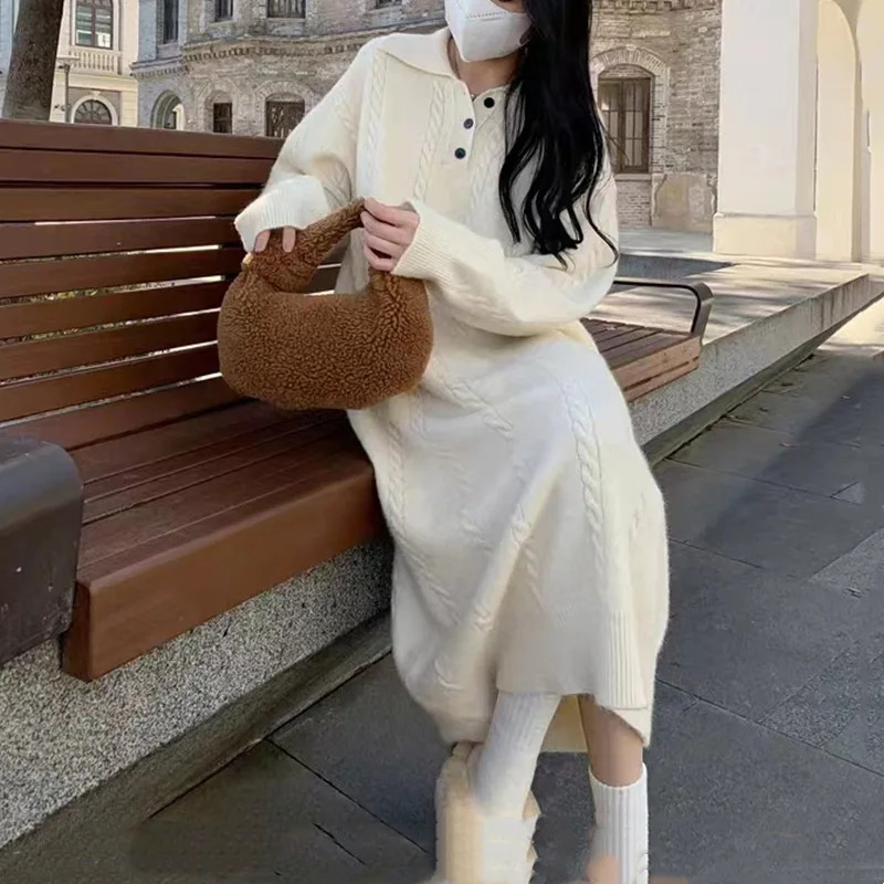 

Fashion twist knitted dress woman autumn and winter new Korean lapel midi sweater dress woman