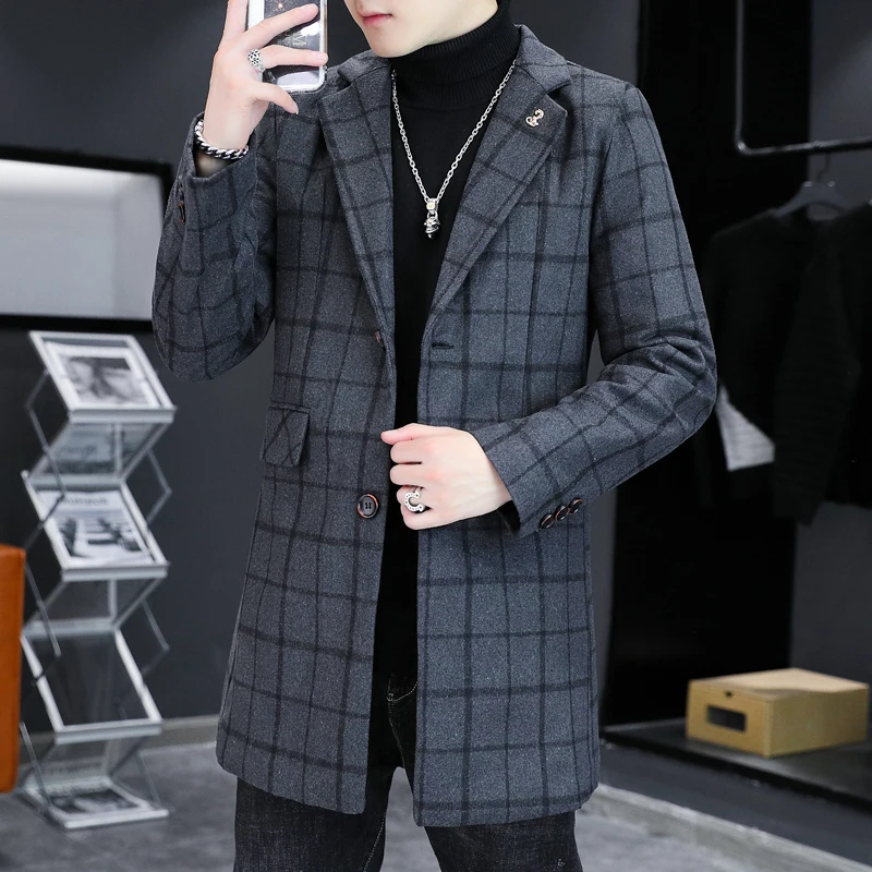 

Cloth Coat Grid Dust Coat Lapels, Cultivate One's Morality Is Medium Coat Men Winter Autumn and Winter Casual Mens Jacket