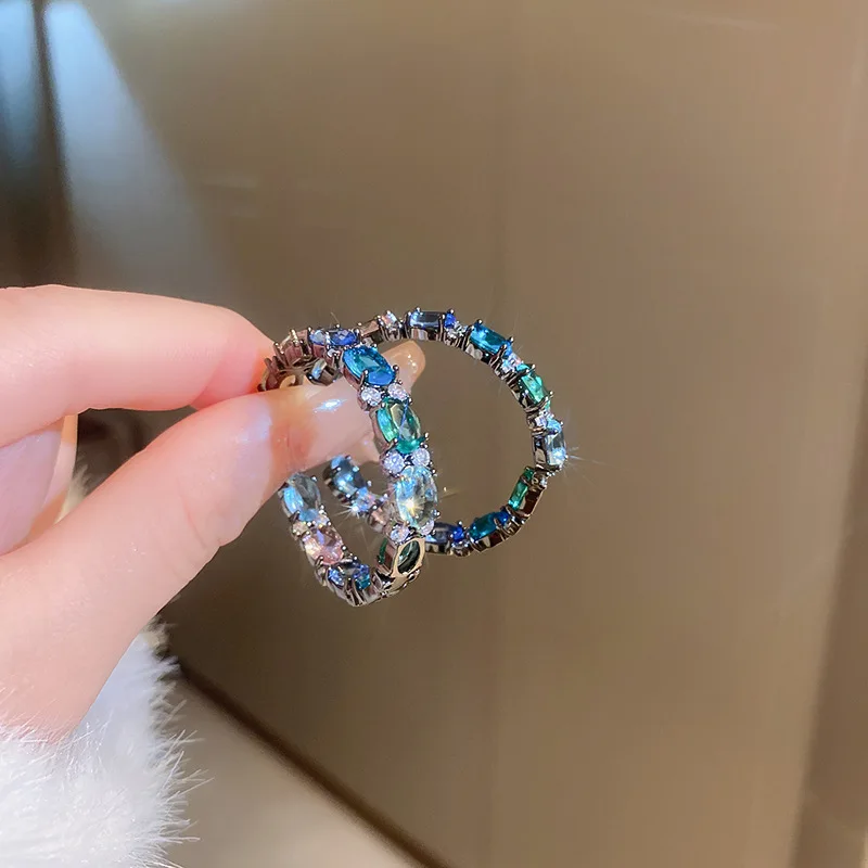 

Женские серьги-кольца с кристаллами, синие и зеленые серьги с овальным цирконием, геометрической формы, роскошное Ювелирное Украшение для в...