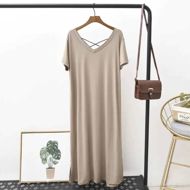 Backless Sexy Nightdress Short Sleeve Modal Homewear Women Round Collar Multicolor Sleepwear Big Size Fashion Casual Home Pjs