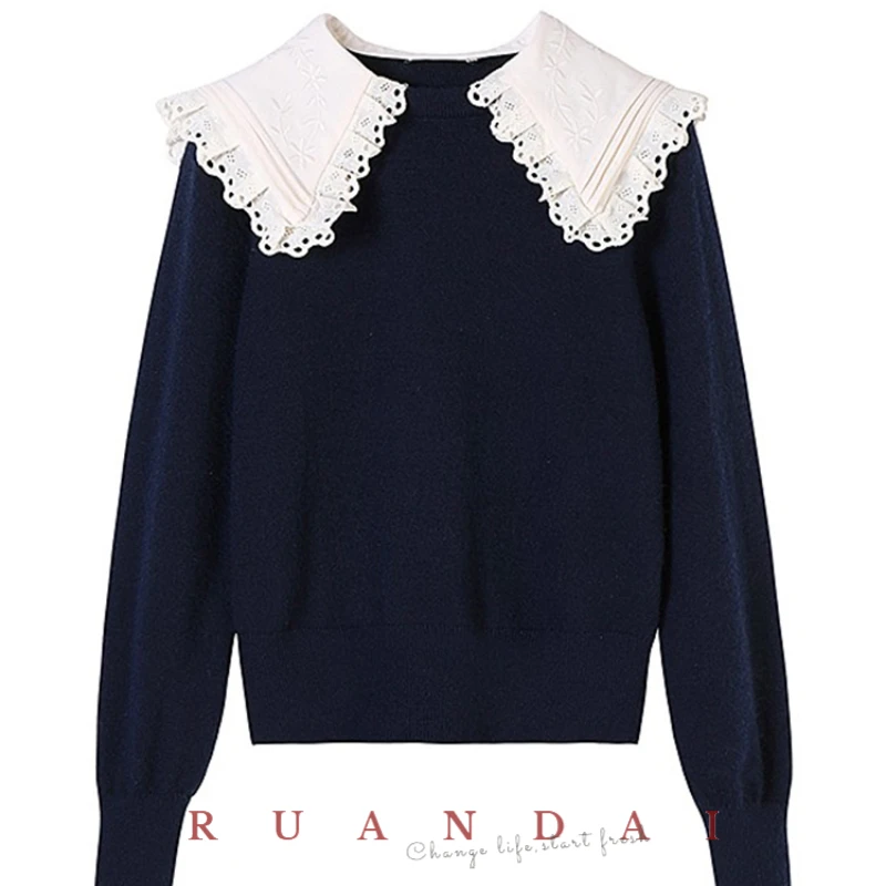 Solid Colour Long Sleeve Pullover for RUANDAI 2022 Summer New Women's French Navy Doll Neck Slim Fit Knitwear Free Shipping