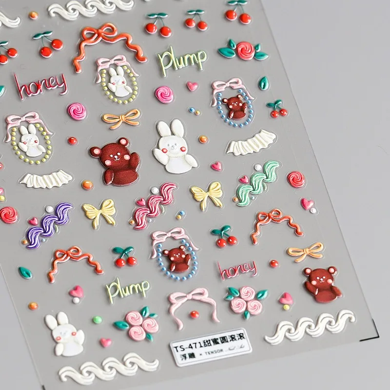 

1pc 5D Embossed Nail Art Stickers Lovely Cute Cartoon Bear Design Decals Japanese Animation Rabbit Sticker Party Nail Idea Decor