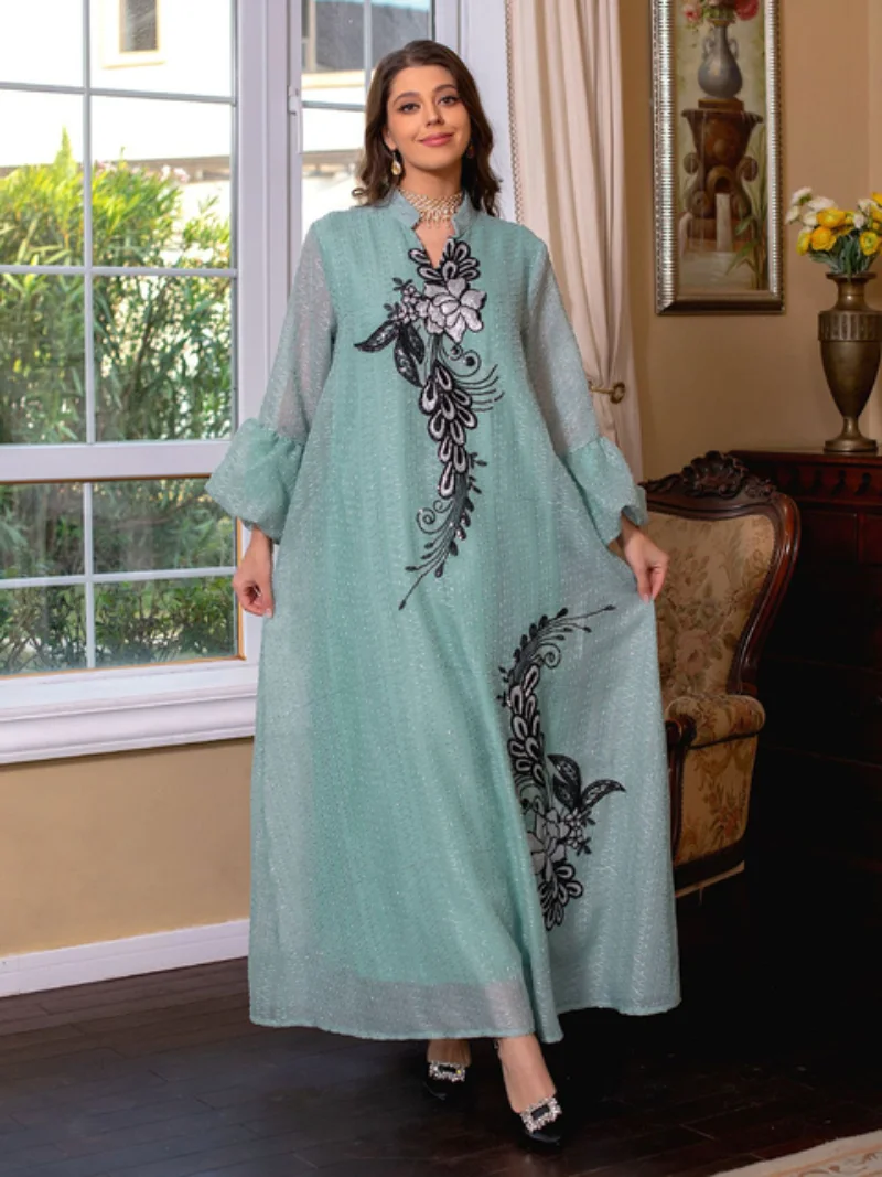 White Abayas For Woman Modest Evening Dresses Long Sleeve Elegant Floral Appliques Notched Neck Arabic Clothes With Belt