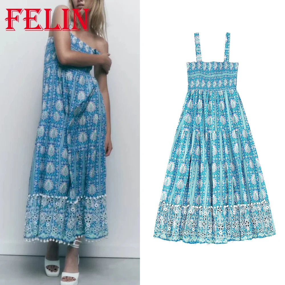 

TRAF ZAZB Vintage Blue Flower Print Ruffles Midi Dress Women Square Collar Holiday Summer Dress Fashion 2022 Boho Dress