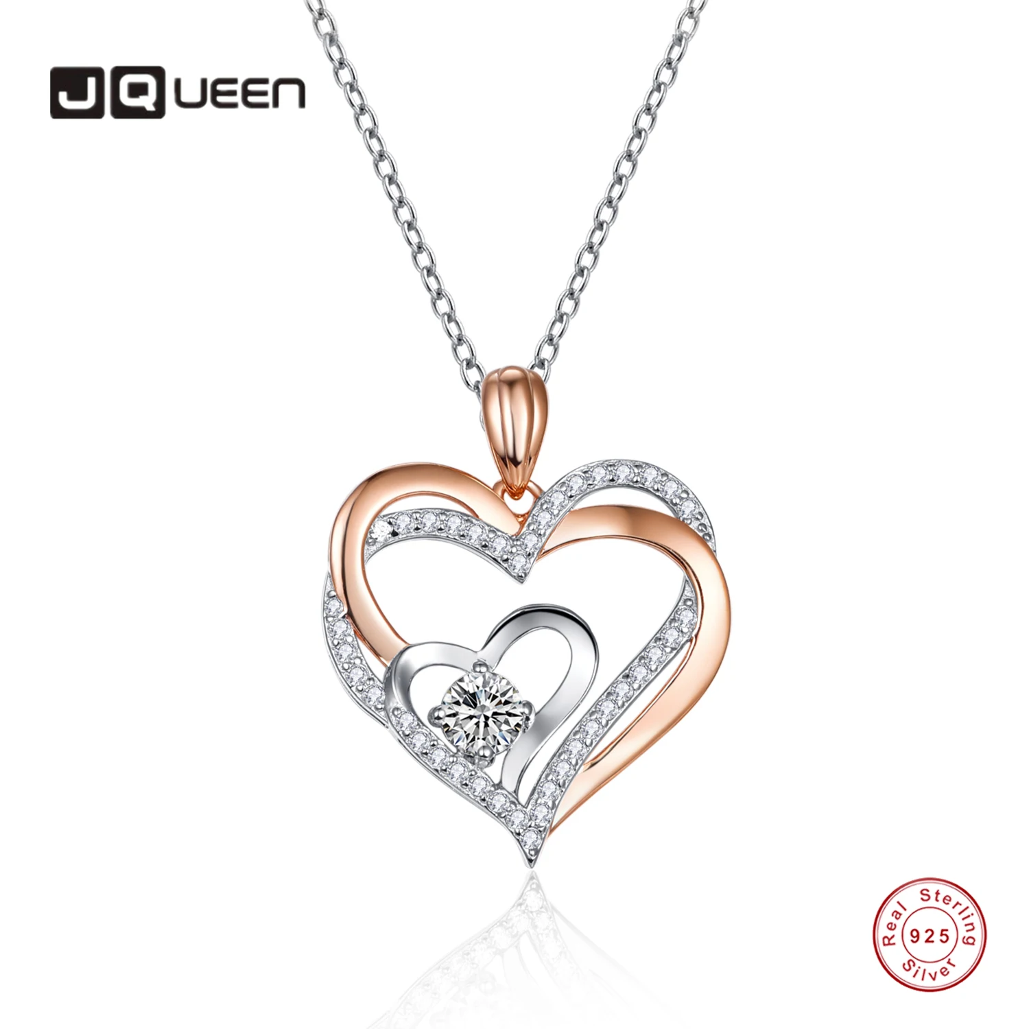 

JQUEEN 925 Sterling Silver White Gold Color Necklace For Women Engagement Jewelry Rose Gold Zircon Double Heart Pendant Necklace