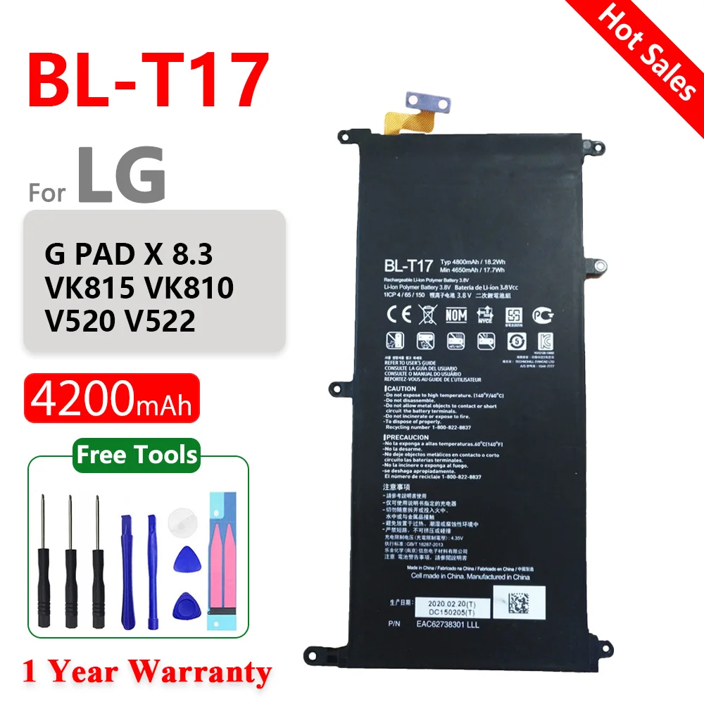 

Genuine BL-T17 Battery 4800mAh For LG G PAD X 8.3 PAD X8.3 VK815 VK810 V520 V522 Mobile phone Batteries+Free Tools