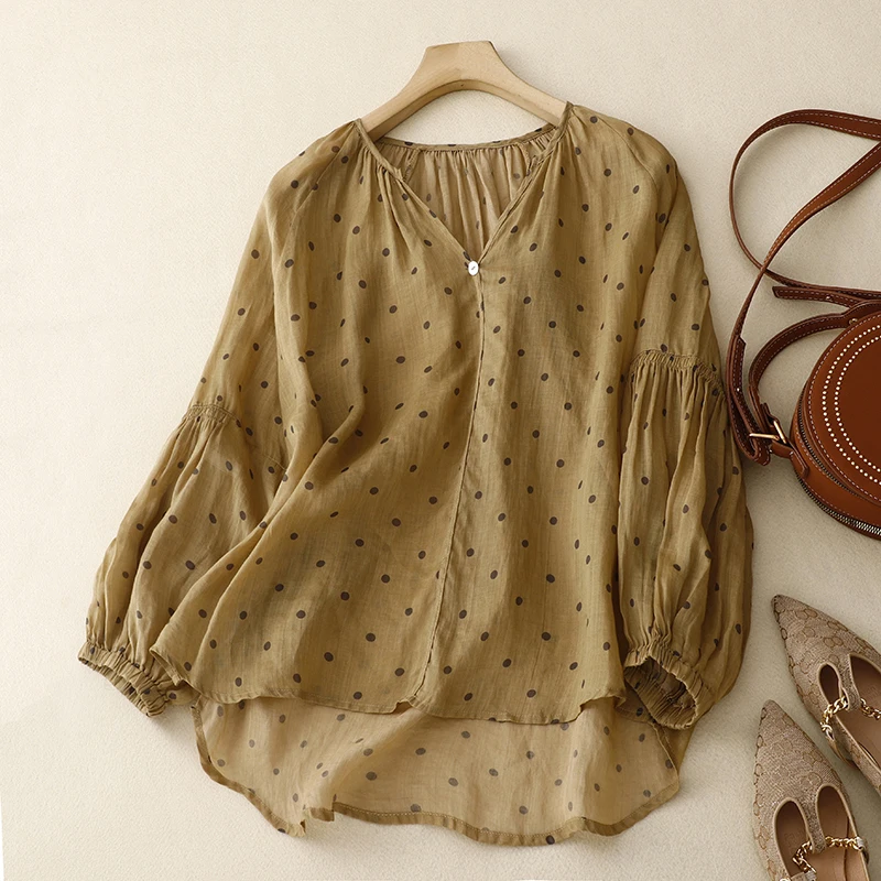 

Summer New V-neck Puff Sleeve Mori Literature and Art Sweet Dot Printing Loose Casual Slim Ramie Pullover Top Top for Women