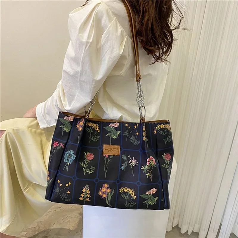

Vintage Printing Flowers Fashion Canvas Shopping Shoulder Bags Female Casual Handbags Large Capacity Tote Women Top-Handle Bag