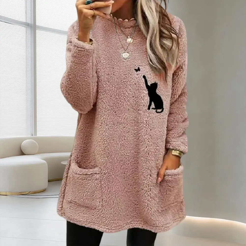 

Модная женская плюшевая Толстовка свободного кроя, флисовый пуловер с вышивкой в виде кошки, Универсальный Зимний Свитшот