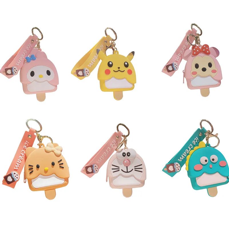 

Kawaii Sanriod Anime Peripheral Pendant Series Kitty Mymelody Pikachu Ice Cream Shaped Silicone Creative Coin Purse Key Pendant