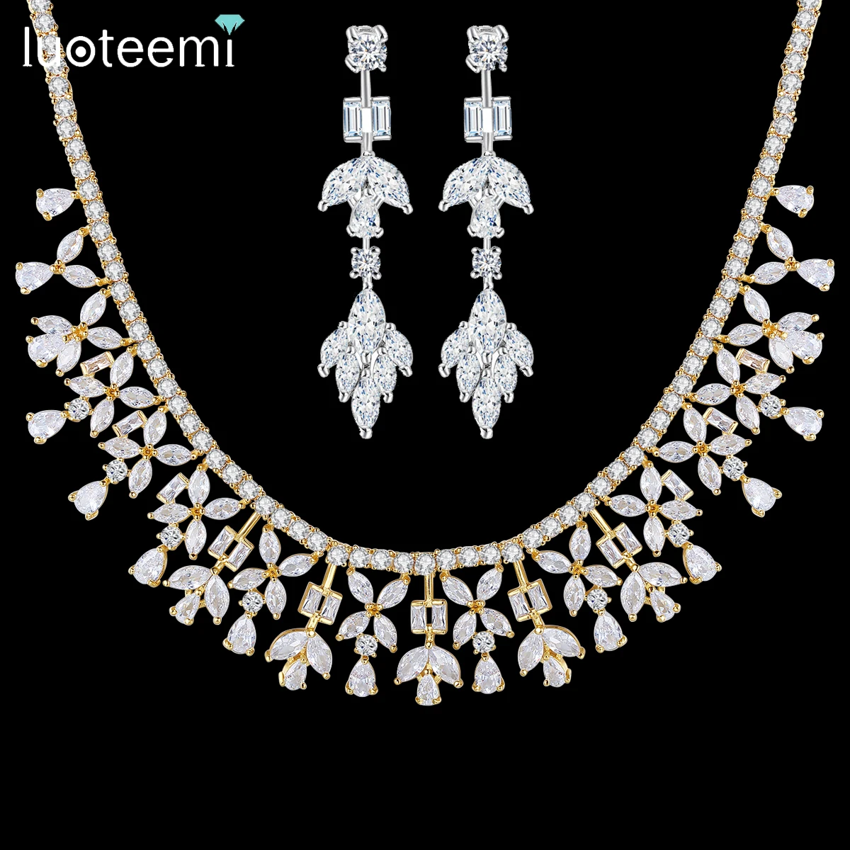

LUOTEEMI Luxury Multiple Drop Flowers Cubic Zirconia Wedding Jewelry Sets Gorgeous Necklace Earrings Stunning Bridal Fashion Set