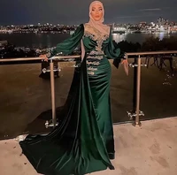 emerald green stain evening dress long sleeve crystal beaded turkey arabic dubai muslim formal party gowns celebrity prom 2022