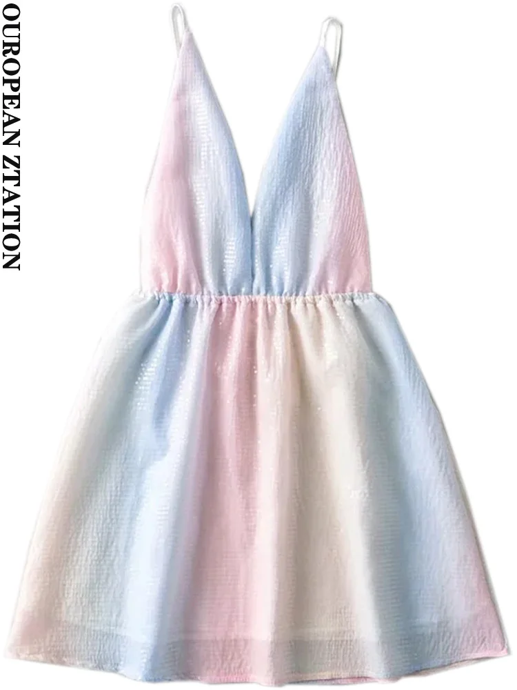 

Women 2022 fashion rainbow-striped sequin slip mini dress vintage backless adjustable thin straps female dresses vestidos mujer