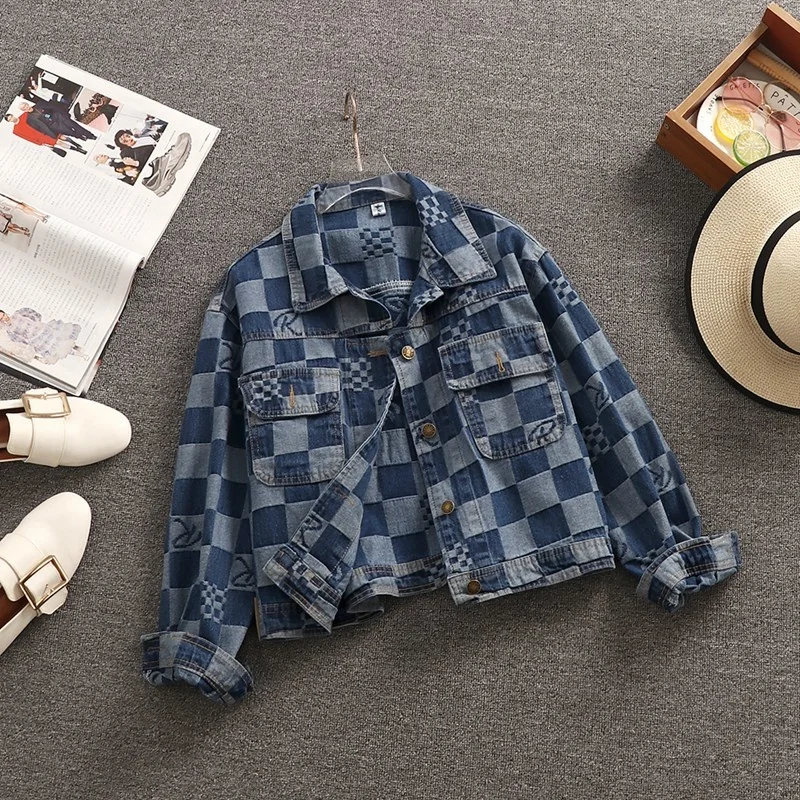

2022 Spring New Style Jacquard Checkerboard Denim Jacket Classic European Fashion Loose All-Match Women Jacket Couple Coat