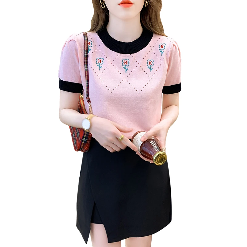 

Pink O-neck Pullover embroidery Flower Sweater Women's New 2022 Spring Summer Pastoral Style Short-sleeved Knitted T-shirt Top