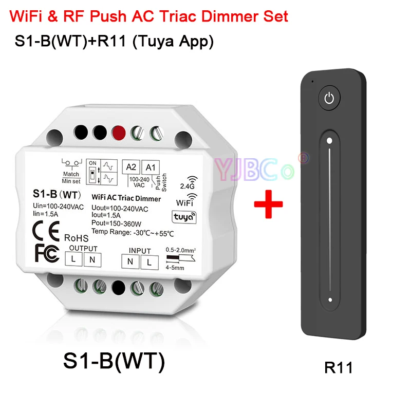 

AC 110V-220V S1-B WT Wifi Led Triac RF Dimmer R1/R11 Remote 2.4G Wireless 1.5A 150W-360W Push Dimmer LED Switch Controller