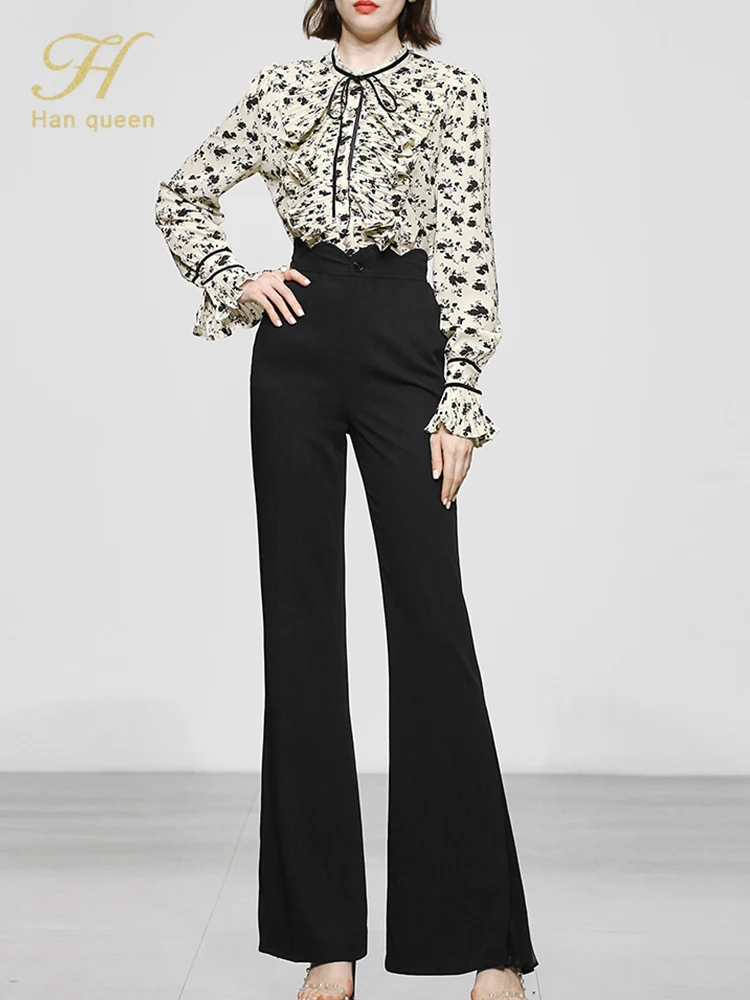 

H Han Queen Autumn New Occupation 2-Piece Suits Women Elegant Flared Sleeve Print Blouse & Simple Flare Pants Simple Casual Set