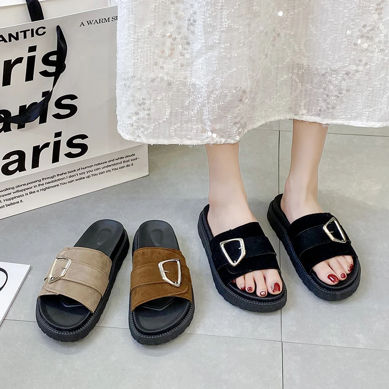 Women's Beach Shoes Summer Casual Sandals Suede Flat-Bottomed Fashion Slippers Women's Buckle Flat Shoes Outer Wear Simple Shoes