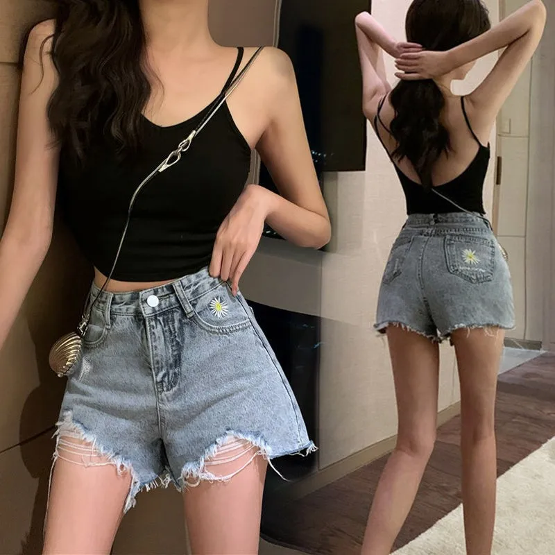 

High Waist Denim Shorts Women Summer New Embroidered Daisy Loose Korean Version Hole Hot