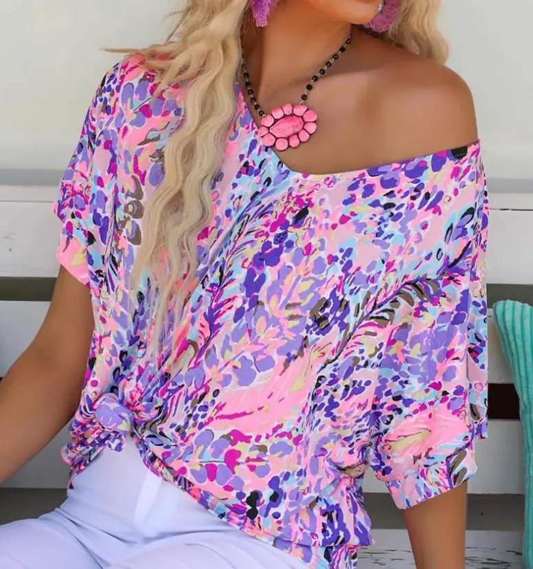 

Elegant Women's T-Shirt Summer Pullover 2023 New Fashion Floral Print Pink Loose Strapless Colorful Floral T-Shirt Casual Tops