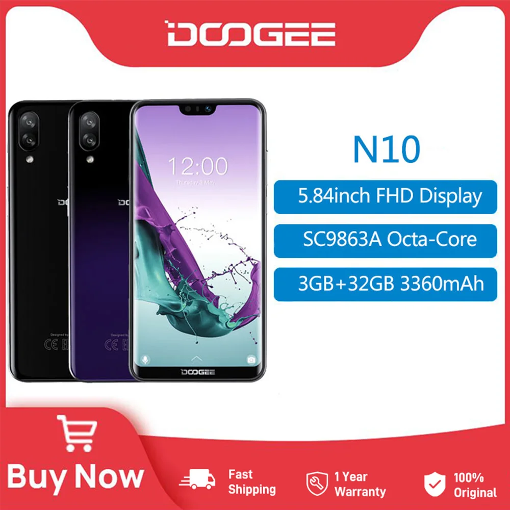 

DOOGEE N10 Mobile Phone 16.0MP Front Camera 3360mAh Android 8.0 4GLTE Octa-Core 3GB RAM 32GB ROM 5.84inch FHD+ 19:9 Display