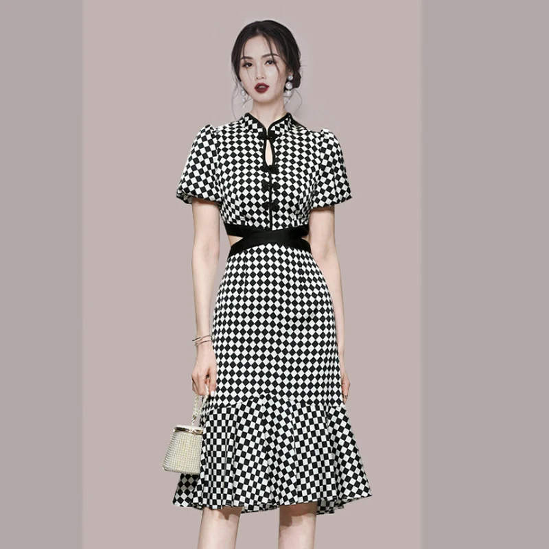 Платье-Ципао в улучшенном стиле длинное ажурное клетчатое ретро платье