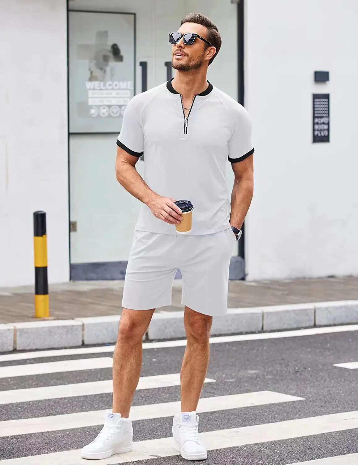 Summer men's polo shirt set comfortable breathable solid color simple casual sweatshirt a set of short-sleeved shorts two casual