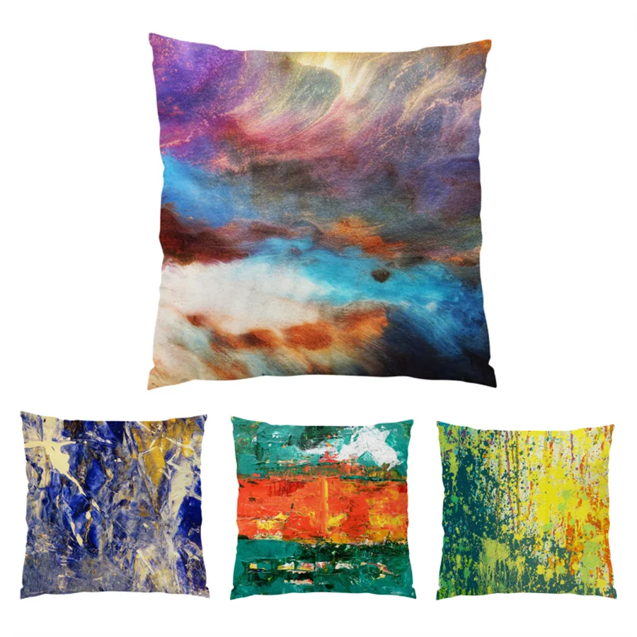 

Artistic Home Oil Painting Sofa Decorative Pillow Cases Colorful Pillowcase Velvet Polyester Linen Sofas for Living Room E0301