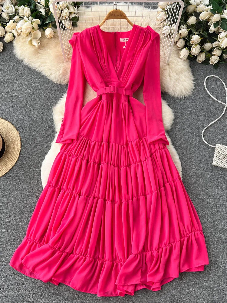 

Женское длинное плиссированное платье, элегантное винтажное розово-красное платье-трапеция с глубоким V-образным вырезом и высокой талией, ...